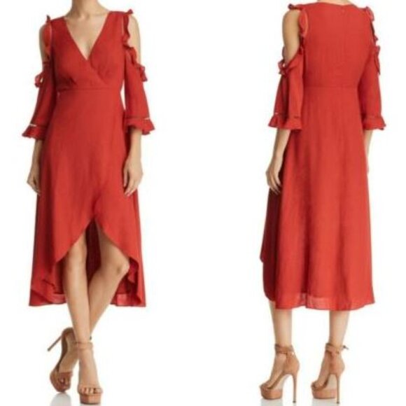 AQUA Ruffled Cold-shoulder High/Low Faux Wrap Dress NWOT - Picture 4 of 4